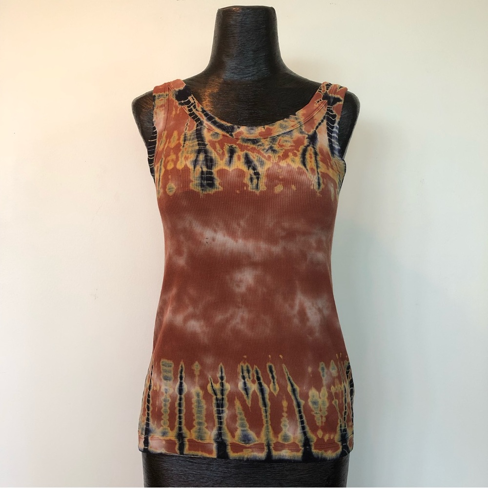Errant Tie-dye Ribbed Tank Top in Rust, Yellow, and Black Dye (Size Small)